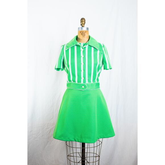 Vintage 60s Lime Green Mod Mini Scooter Dress, Polka Dot Go Go Mini Retro MCM, S - Picture 1 of 12